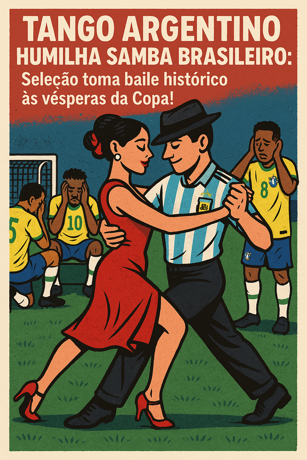 Ilustração de argentinos dançando tango com alegria enquanto jogadores da seleção brasileira aparecem abatidos após derrota histórica antes da Copa do Mundo.