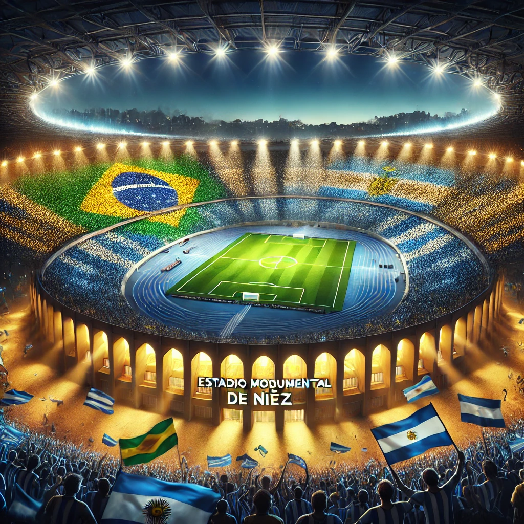 Estádio Monumental de Núñez iluminado para o clássico Brasil x Argentina, com torcidas vibrantes e clima de decisão pelas Eliminatórias da Copa 2026