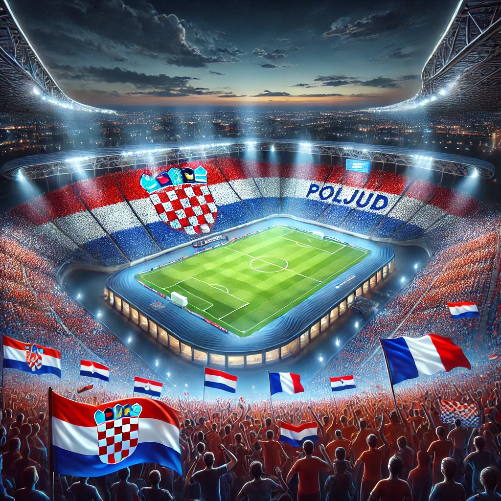 Estádio Poljud iluminado à noite, com torcedores croatas e franceses vibrando, bandeiras e uma atmosfera eletrizante de um jogo decisivo