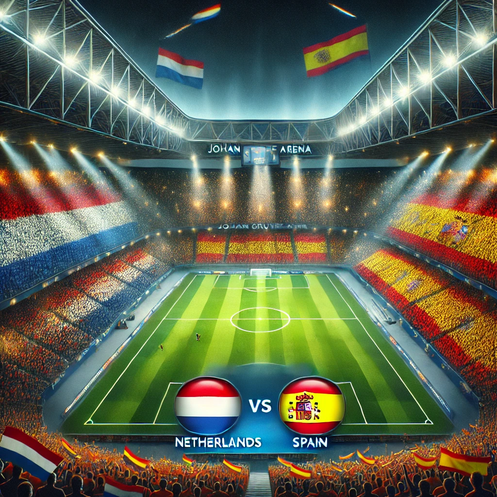 ohan Cruyff Arena iluminada à noite para o jogo entre Holanda e Espanha, com torcedores vibrantes segurando bandeiras e um clima de decisão na Liga das Nações.