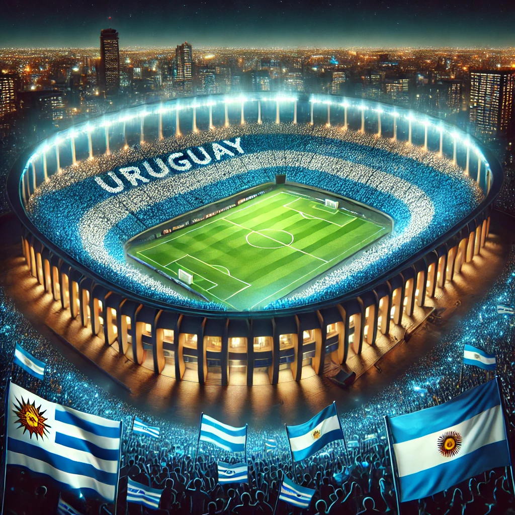 Estádio Centenário iluminado à noite para o clássico Uruguai x Argentina, com torcedores vibrantes segurando bandeiras e uma atmosfera intensa de um jogo decisivo