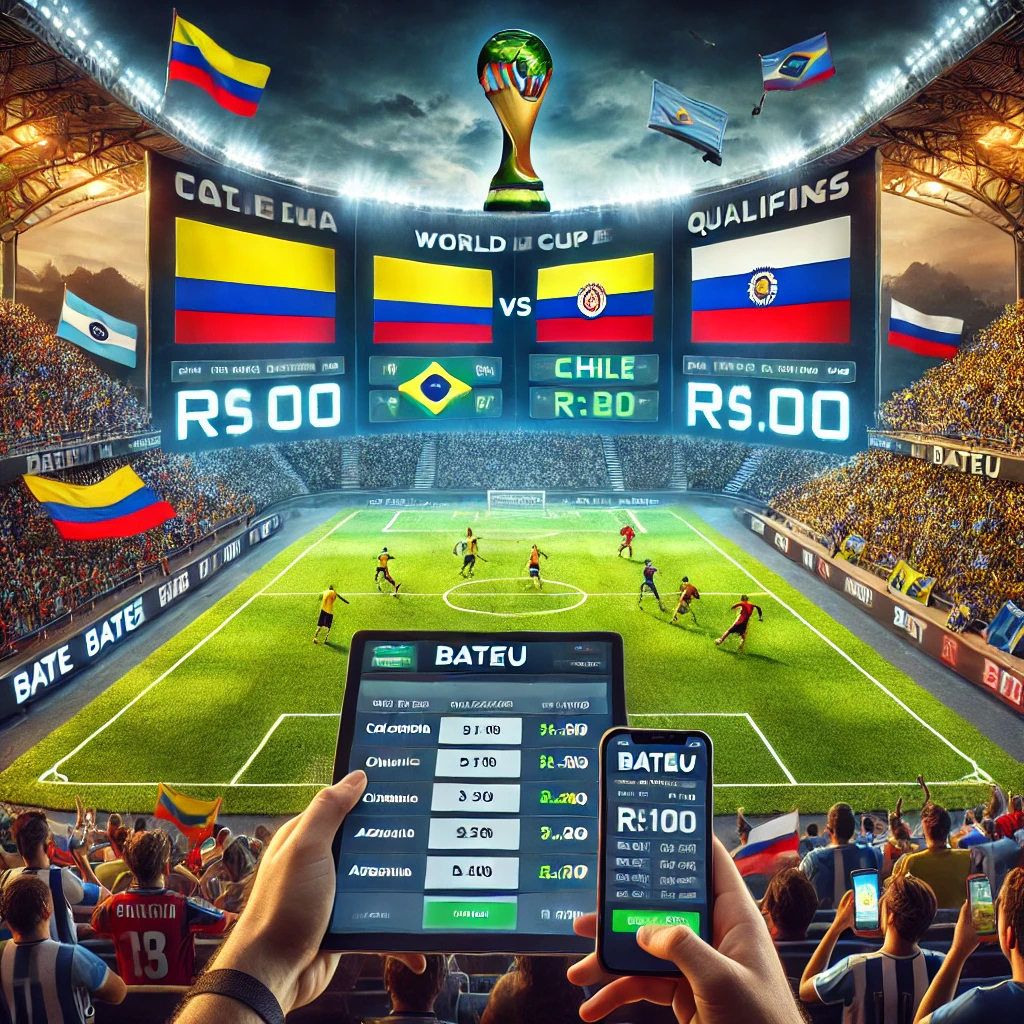 Simulação de apostas nos jogos das Eliminatórias da Copa do Mundo em 25/03 com odds e ganhos projetados para apostas de R$100 na Bateu Bet.