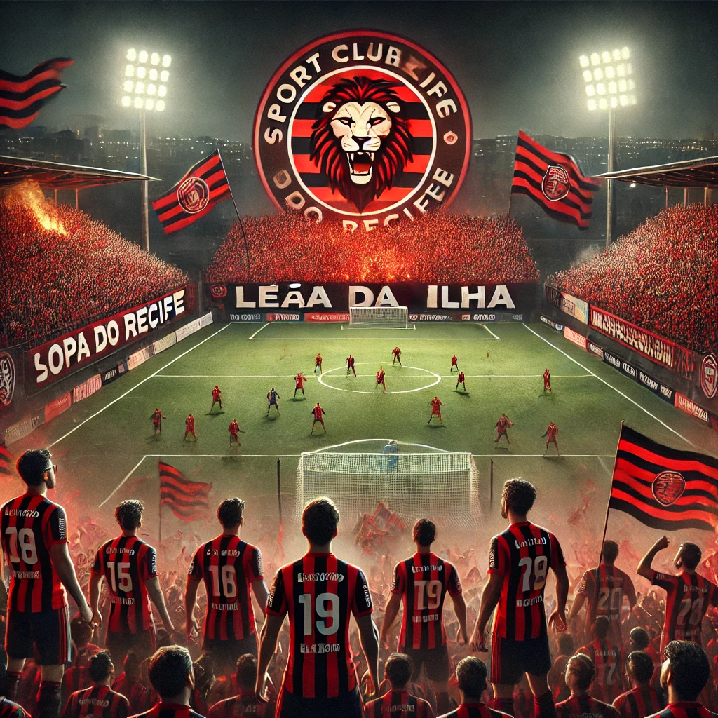 Uma ilustração digital realista retratando uma partida de futebol entre Sport Recife e Altos-PI no estádio Ilha do Retiro, com jogadores em ação e torcida vibrante, destacando a atmosfera intensa da Copa do Nordeste 2025