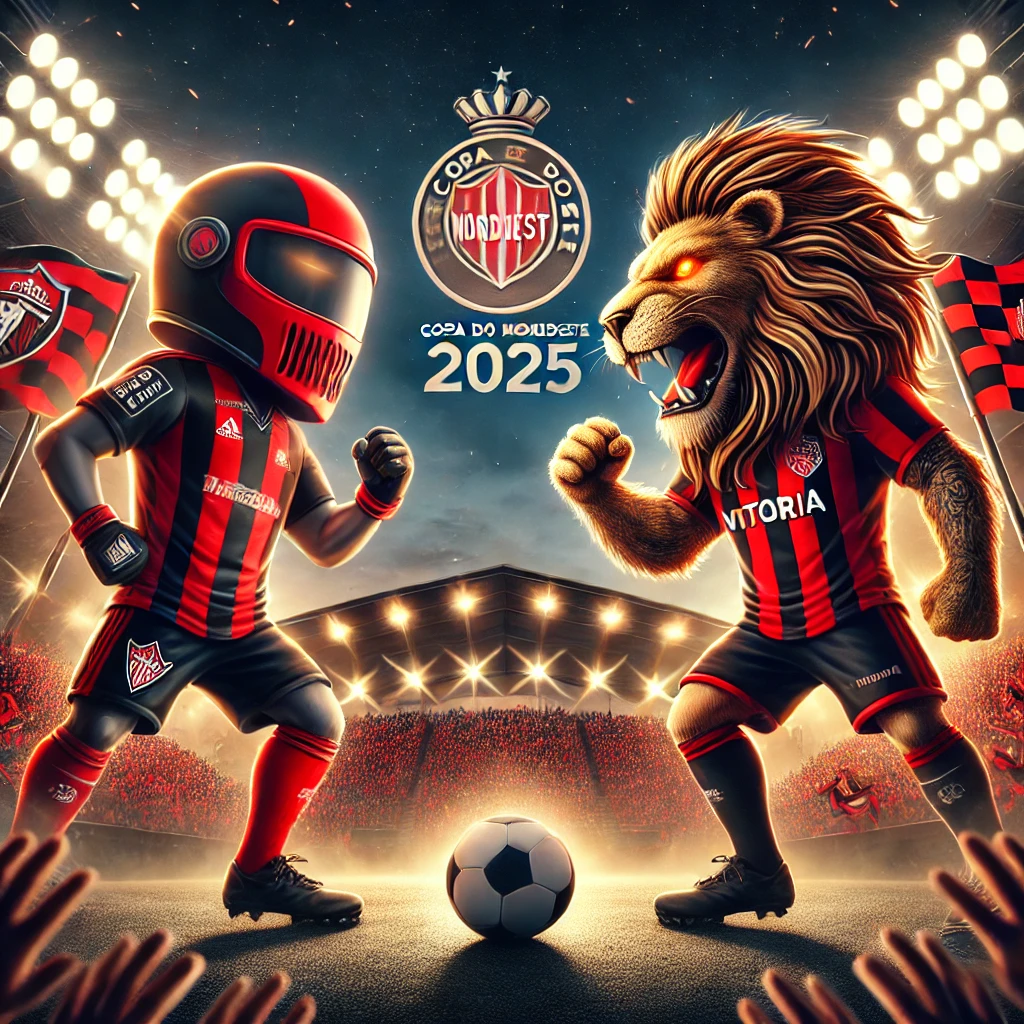 Ilustração digital de Moto Club x Vitória na Copa do Nordeste 2025, com jogadores em ação no Estádio Castelão e torcida vibrante ao fundo