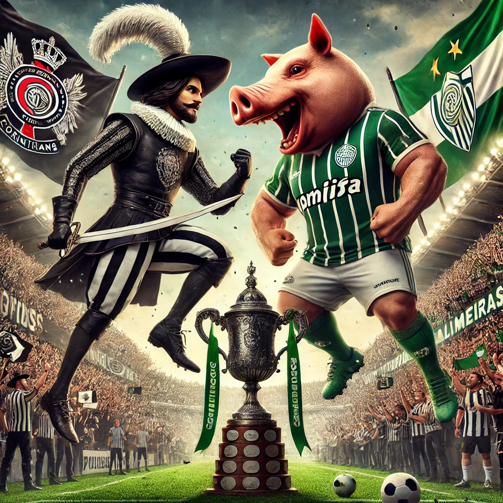 Ilustração digital de Corinthians x Palmeiras na final do Campeonato Paulista 2025, com jogadores em ação na Neo Química Arena e torcida vibrante ao fundo