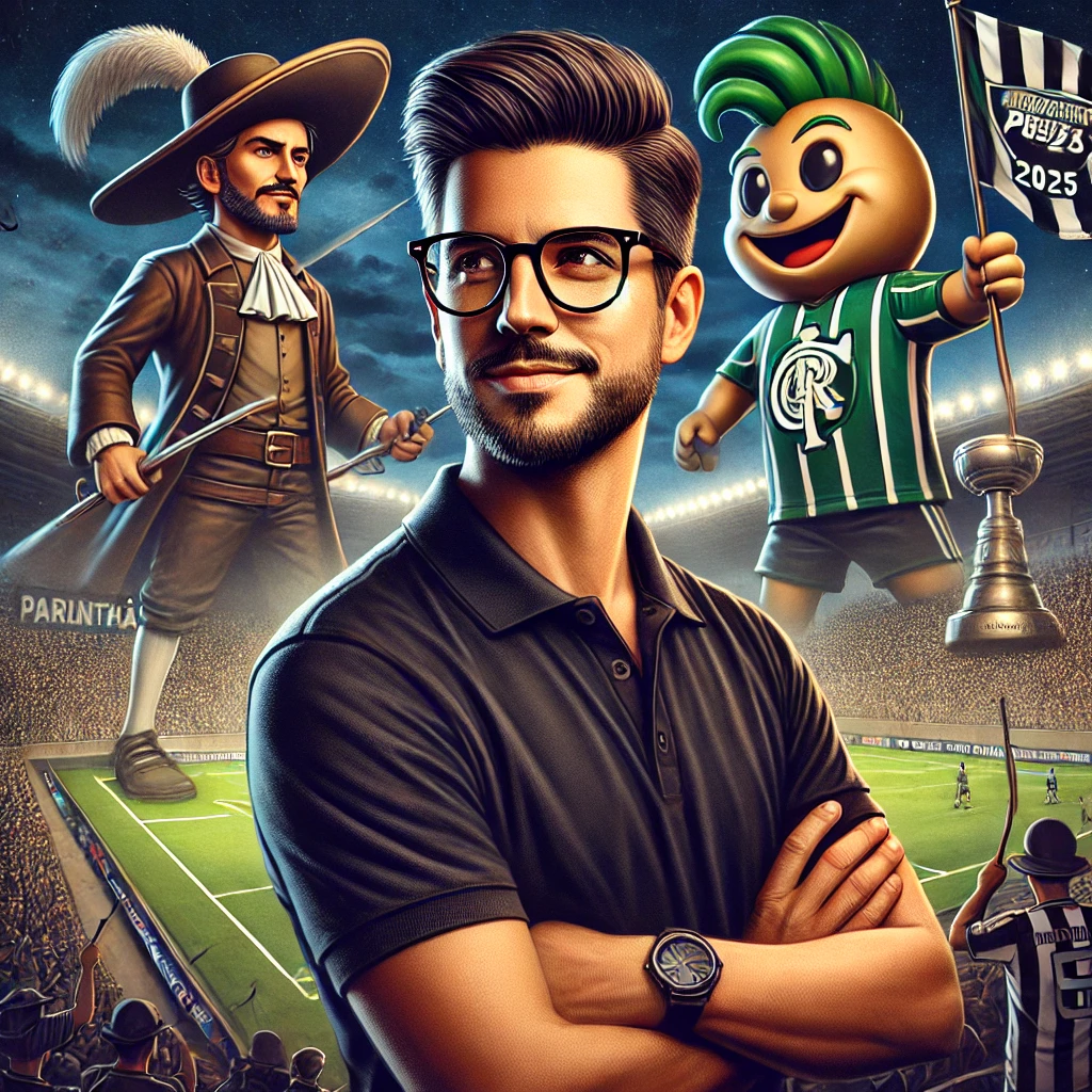 Ilustração digital de Corinthians x Palmeiras na final do Paulistão 2025, com o mascote Mosqueteiro enfrentando o Porco em uma disputa acirrada pelo troféu em estádio lotado